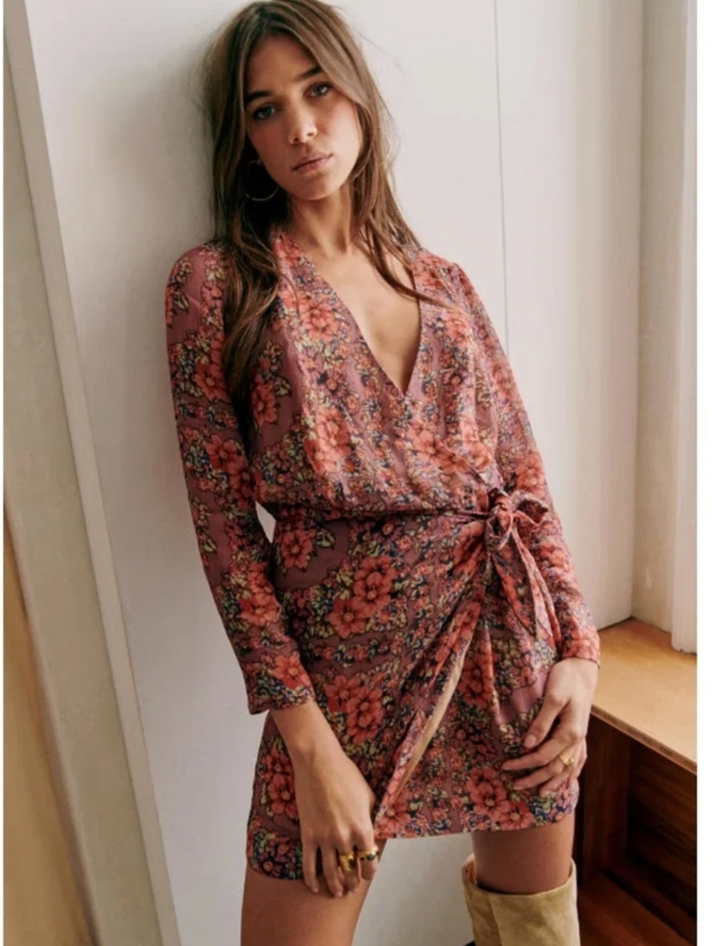 Sézane Noemia Floral Wrap Dress - Mauve with Coral Flower Print